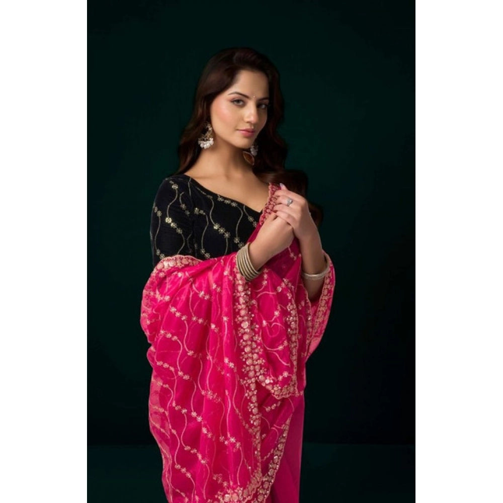 Women's Net Sequence Saree With Unstitched Blouse 5.5Mtr (Pink)