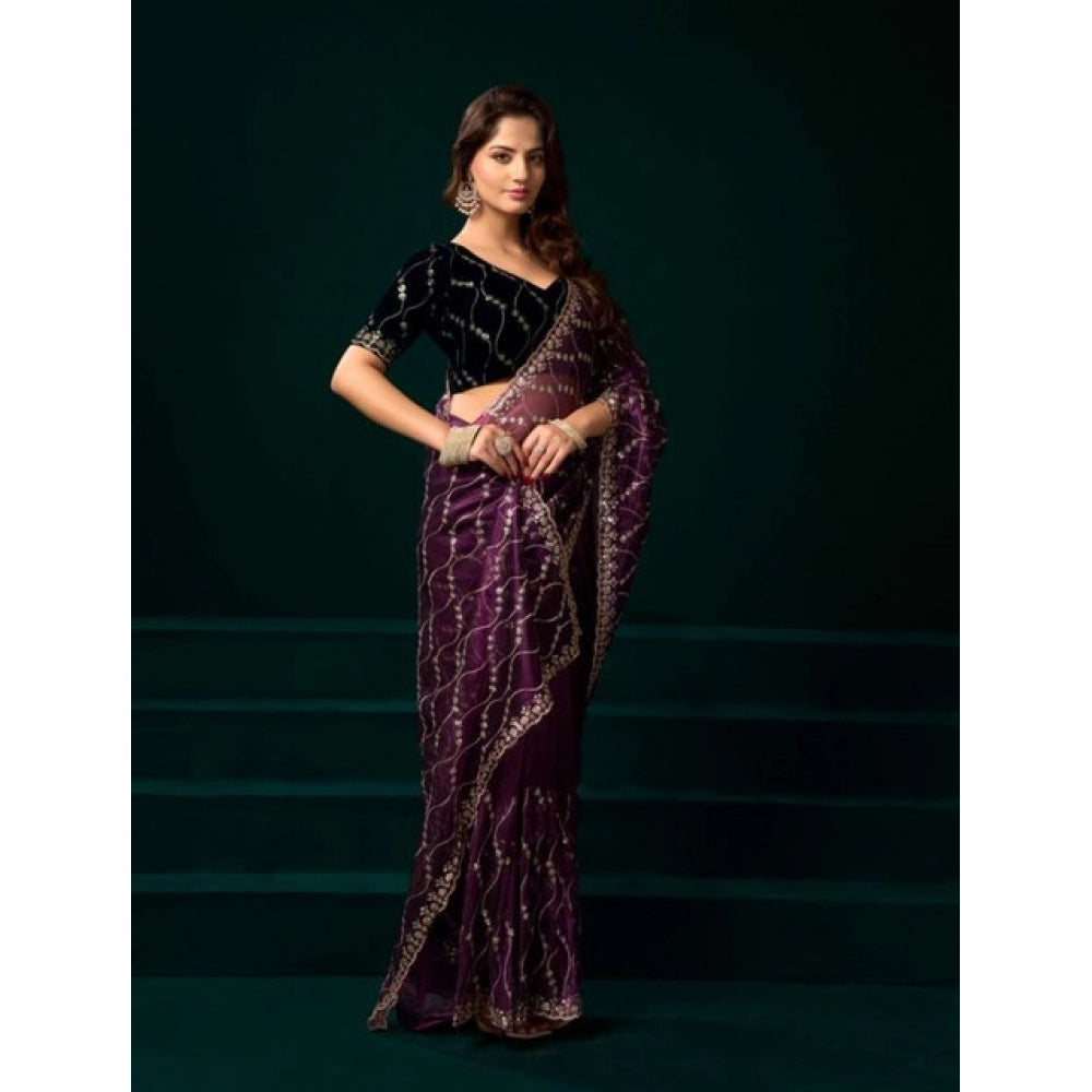 Women's Net Sequence Saree With Unstitched Blouse 5.5Mtr (Purple)