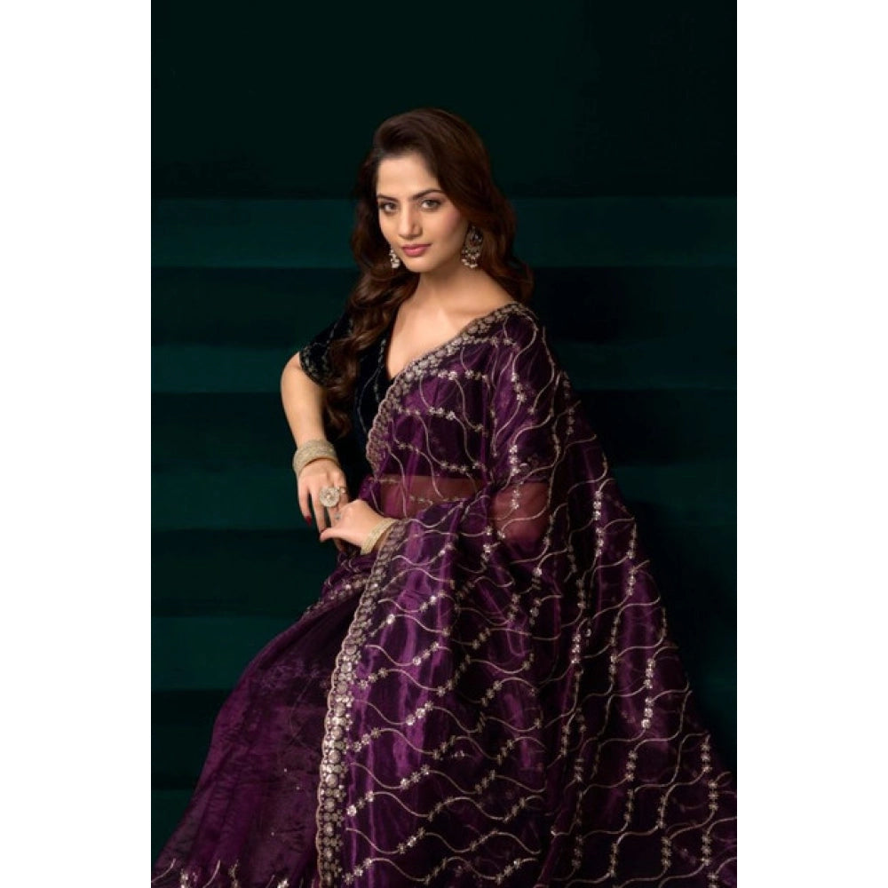 Women's Net Sequence Saree With Unstitched Blouse 5.5Mtr (Purple)