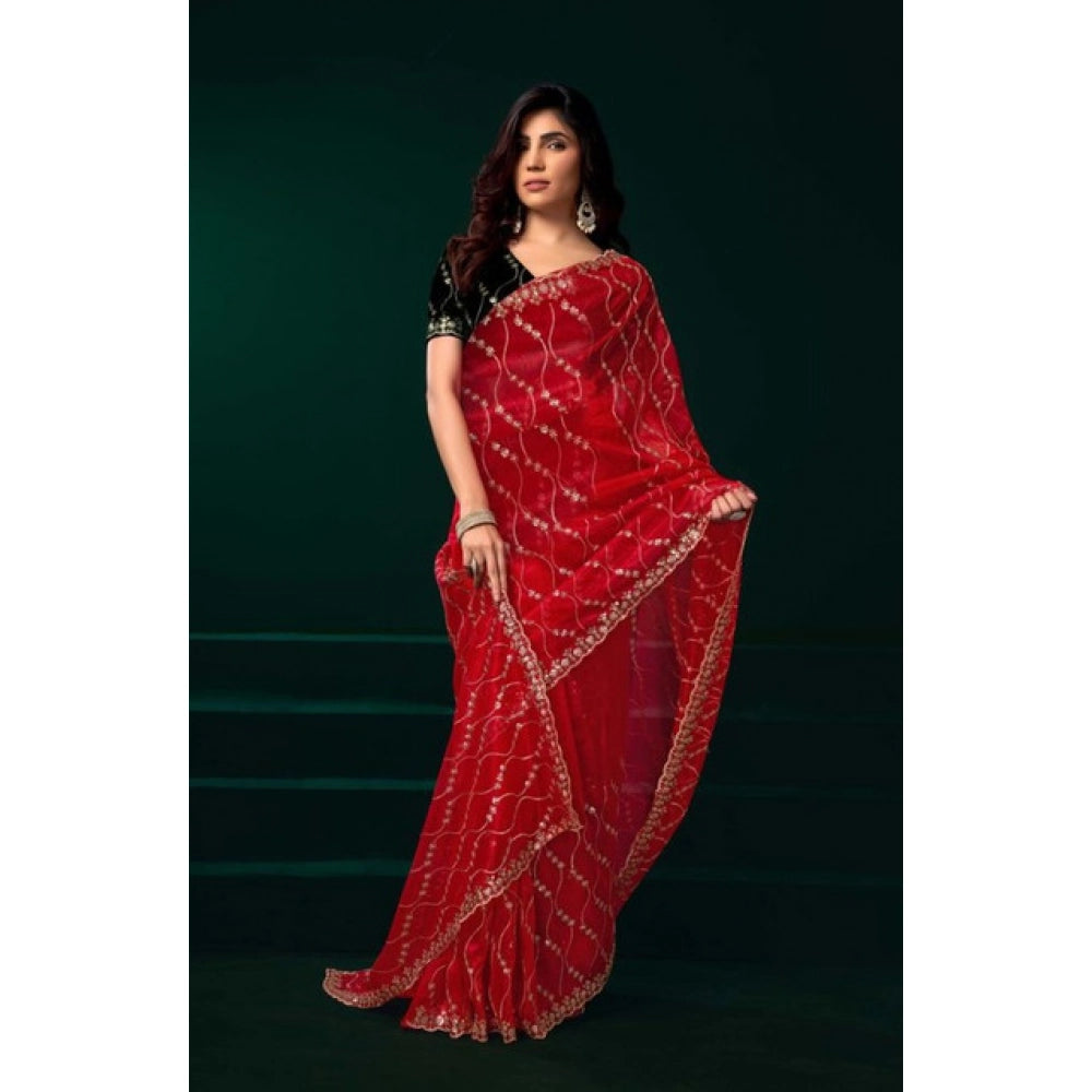 Women's Net Sequence Saree With Unstitched Blouse 5.5Mtr (Red)