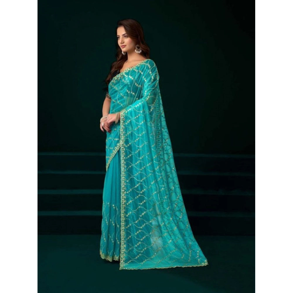 Women's Net Sequence Saree With Unstitched Blouse 5.5Mtr (Turquoise)