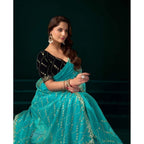 Women's Net Sequence Saree With Unstitched Blouse 5.5Mtr (Turquoise)