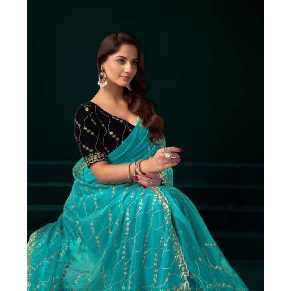 Women's Net Sequence Saree With Unstitched Blouse 5.5Mtr (Turquoise)