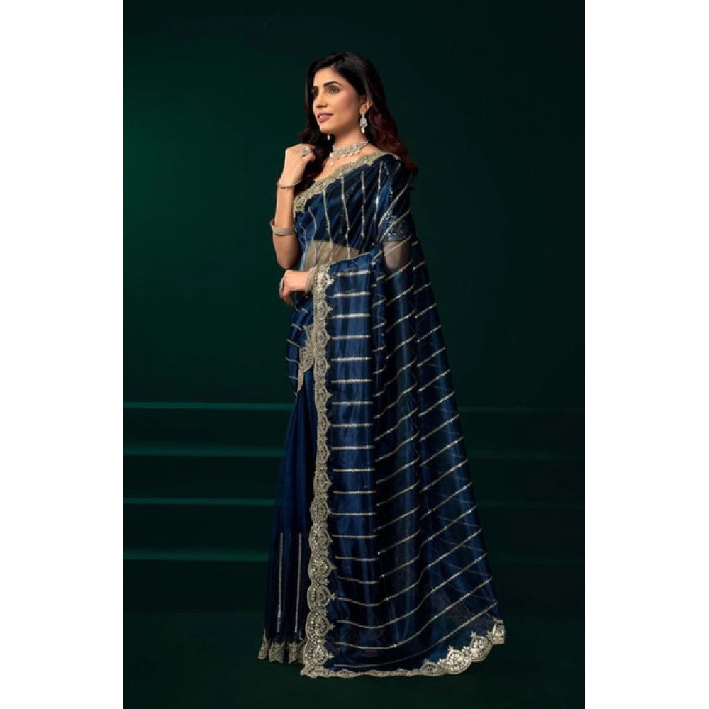 Women's Net Sequence Saree With Unstitched Blouse 5.5Mtr (Blue)