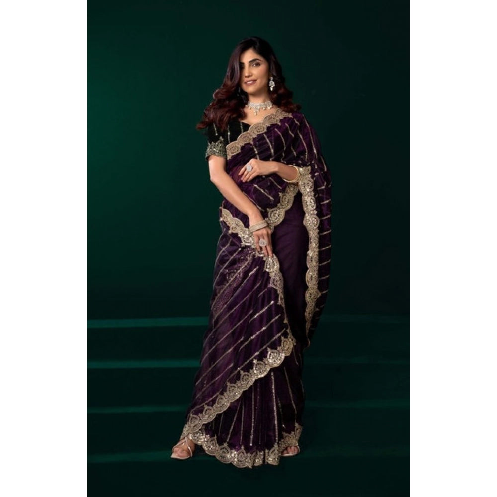 Women's Net Sequence Saree With Unstitched Blouse 5.5Mtr (Wine)