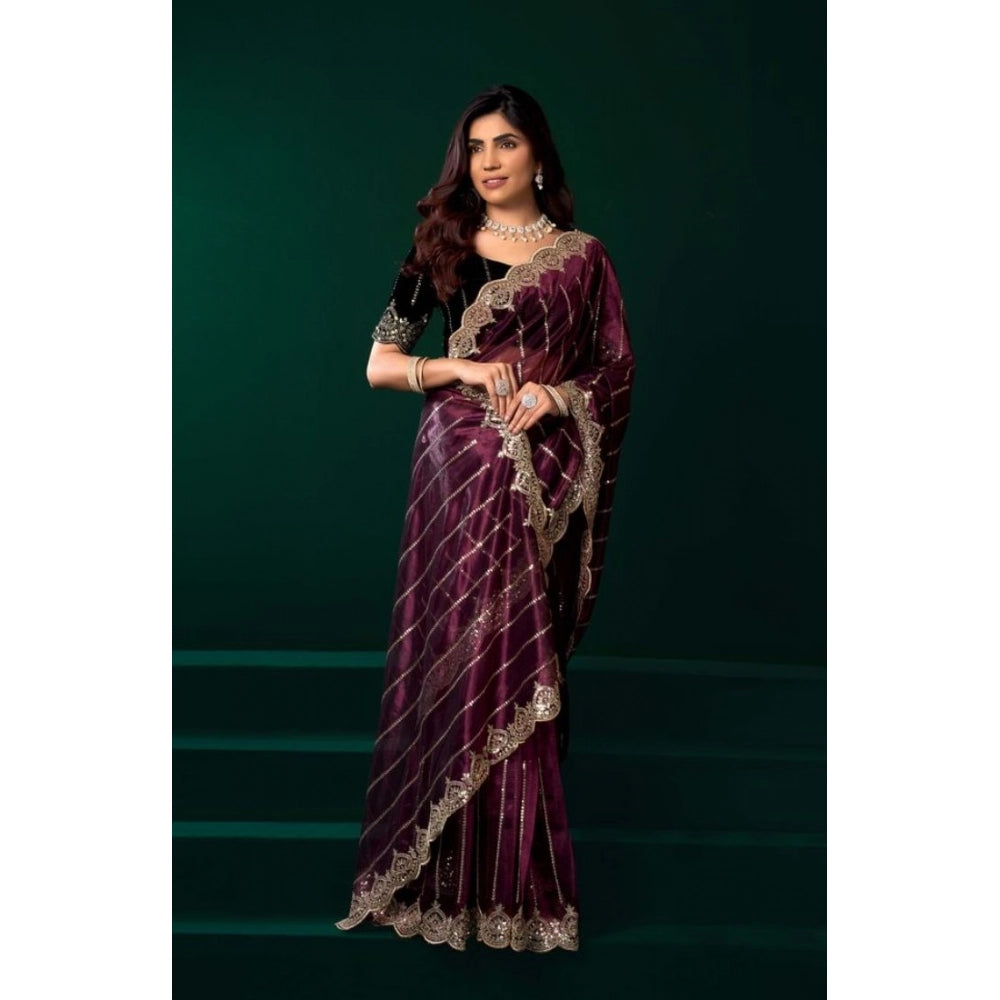 Women's Net Sequence Saree With Unstitched Blouse 5.5Mtr (Maroon)