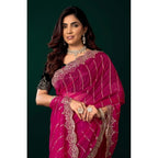Women's Net Sequence Saree With Unstitched Blouse 5.5Mtr (Pink)