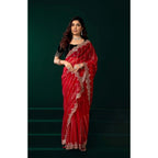 Women's Net Sequence Saree With Unstitched Blouse 5.5Mtr (Red)