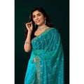 Women's Net Sequence Saree With Unstitched Blouse 5.5Mtr (Turquoise)