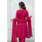 Women's Georgette Ethnic Motif Round 3/4th Sleeve Kurti With Pant Dupatta Set (Pink)