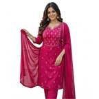 Women's Georgette Ethnic Motif Round 3/4th Sleeve Kurti With Pant Dupatta Set (Pink)