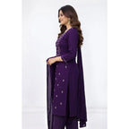 Women's Georgette Ethnic Motif Round 3/4th Sleeve Kurti With Pant Dupatta Set (Purple)