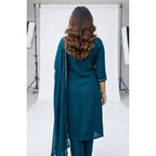 Women's Georgette Ethnic Motif Round 3/4th Sleeve Kurti With Pant Dupatta Set (Teal)