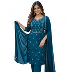 Women's Georgette Ethnic Motif Round 3/4th Sleeve Kurti With Pant Dupatta Set (Teal)