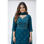 Women's Georgette Ethnic Motif Round 3/4th Sleeve Kurti With Pant Dupatta Set (Teal)