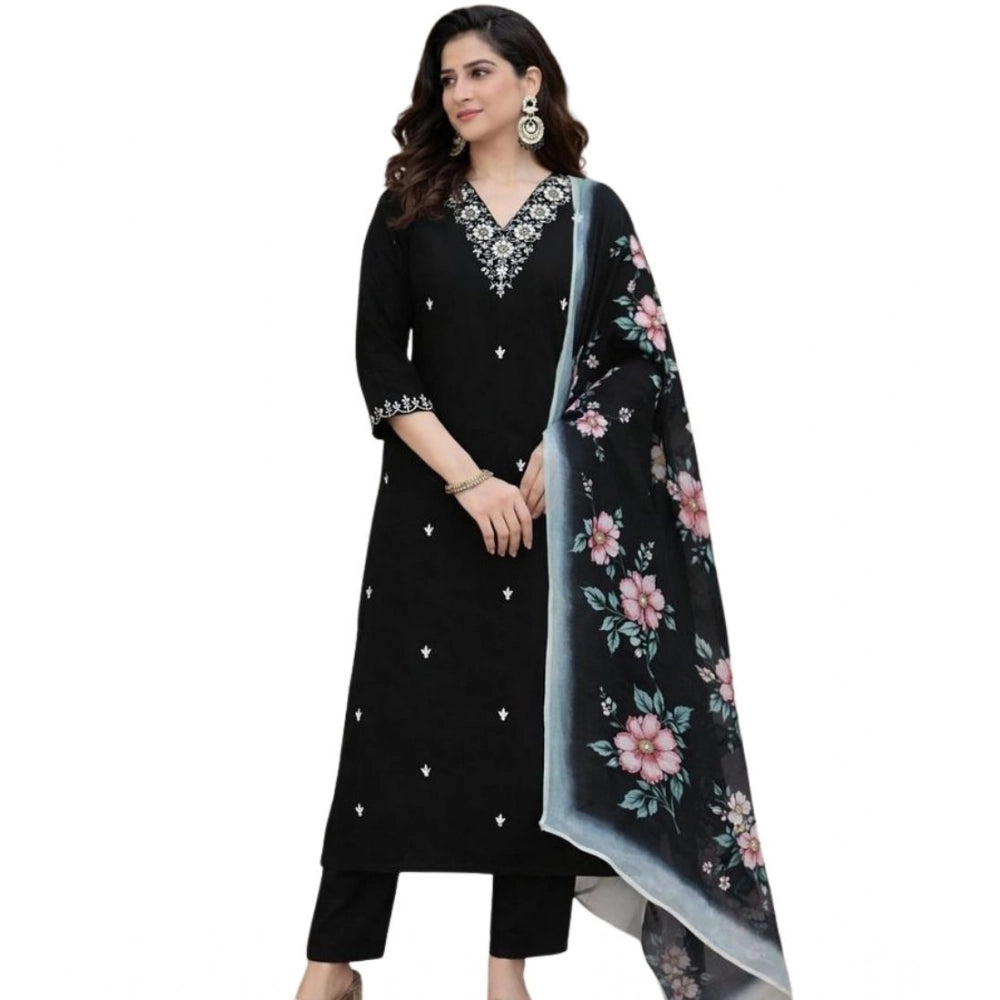 Women's Chanderi Silk Ethnic Motif V-Neck 3/4th Sleeve Kurti With Pant Dupatta Set (Black)