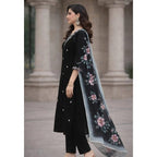 Women's Chanderi Silk Ethnic Motif V-Neck 3/4th Sleeve Kurti With Pant Dupatta Set (Black)