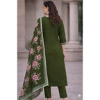 Women's Chanderi Silk Ethnic Motif V-Neck 3/4th Sleeve Kurti With Pant Dupatta Set (Mahendi)