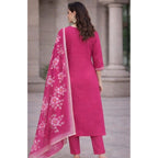 Women's Chanderi Silk Ethnic Motif V-Neck 3/4th Sleeve Kurti With Pant Dupatta Set (Pink)