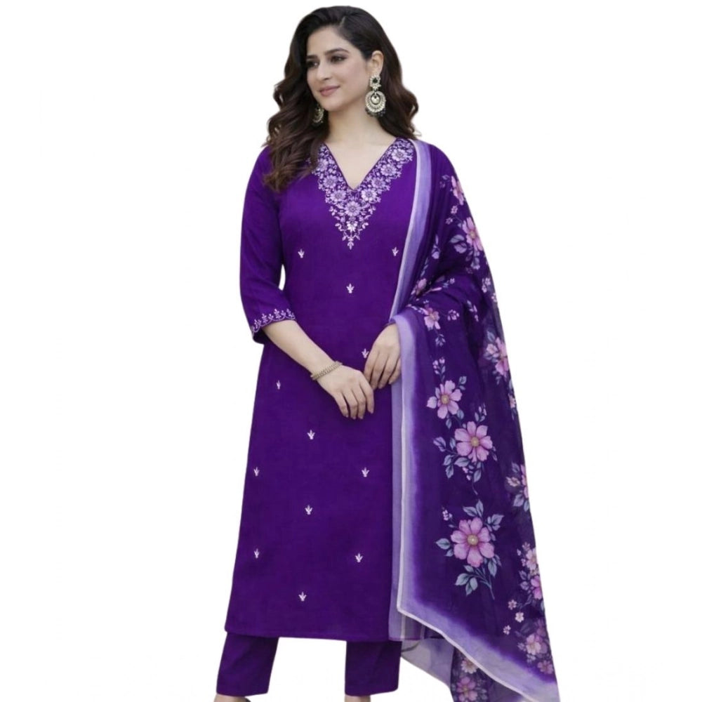 Women's Chanderi Silk Ethnic Motif V-Neck 3/4th Sleeve Kurti With Pant Dupatta Set (Purple)