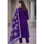 Women's Chanderi Silk Ethnic Motif V-Neck 3/4th Sleeve Kurti With Pant Dupatta Set (Purple)