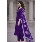 Women's Chanderi Silk Ethnic Motif V-Neck 3/4th Sleeve Kurti With Pant Dupatta Set (Purple)