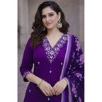 Women's Chanderi Silk Ethnic Motif V-Neck 3/4th Sleeve Kurti With Pant Dupatta Set (Purple)