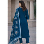 Women's Chanderi Silk Ethnic Motif V-Neck 3/4th Sleeve Kurti With Pant Dupatta Set (Teal)