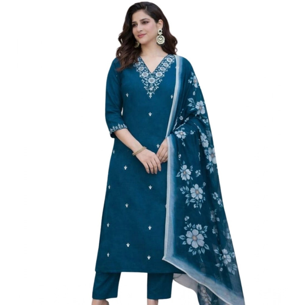 Women's Chanderi Silk Ethnic Motif V-Neck 3/4th Sleeve Kurti With Pant Dupatta Set (Teal)
