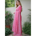 Women's Chanderi Silk Ethnic Motif Round 3/4th Sleeve Kurti With Pant Dupatta Set (Pink)