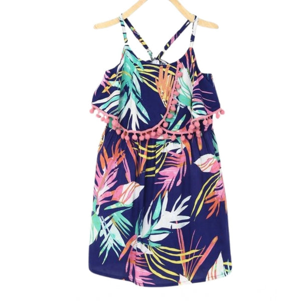 Generic Girl's Rayon Printed Shoulder Straps Dress (Navy Blue)