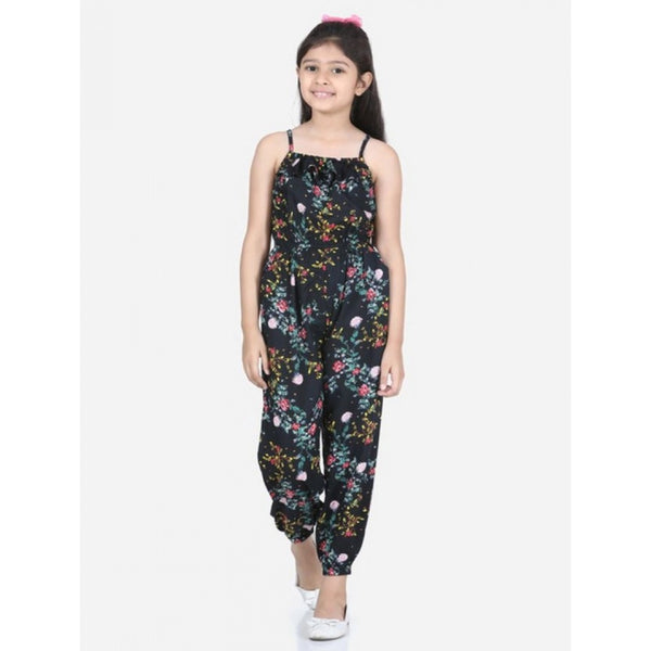 Generic Girl's Rayon Flamingo Print Sleeveless Jumpsuit (Black-Multicolor)