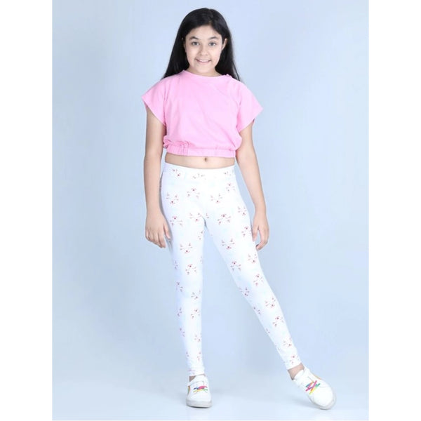 Generic Girl's Cotton Lycra Printed Elasticated Leggings (White)