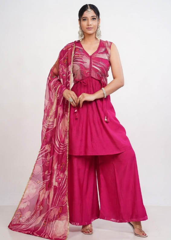 Rani Pink Embroidered Kurta Set with Palazzo & Dupatta