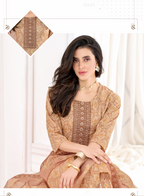 Women Mustard Beige Printed Kurta Set with Straight Pants & Dupatta | Festive Ethnic Wear