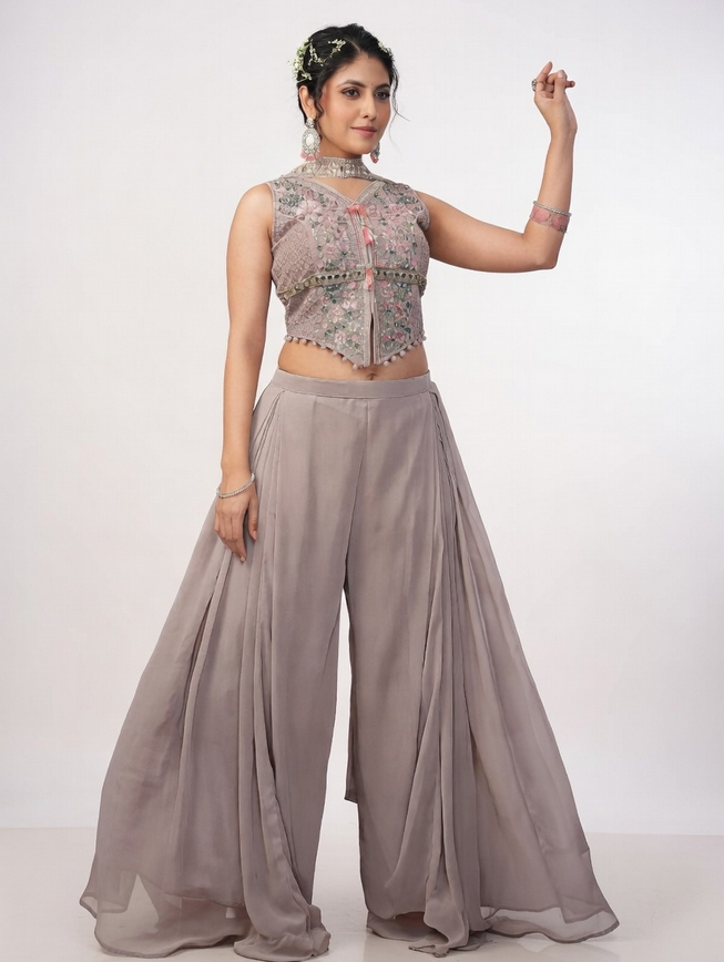 Elegant Mauve Embroidered Fusion Ensemble