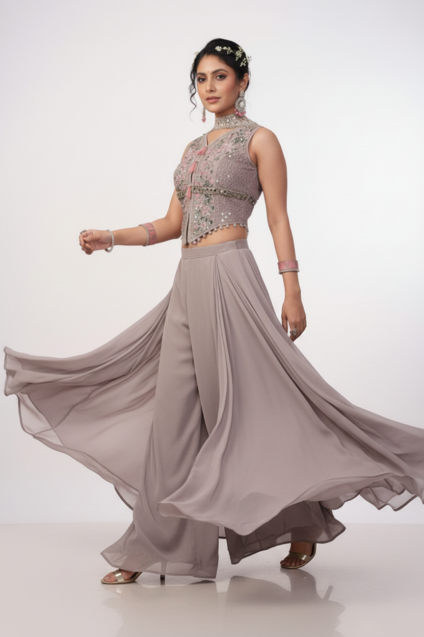 Elegant Mauve Embroidered Fusion Ensemble
