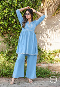 Sky Blue Embroidered Peplum Kurta Set with Palazzo