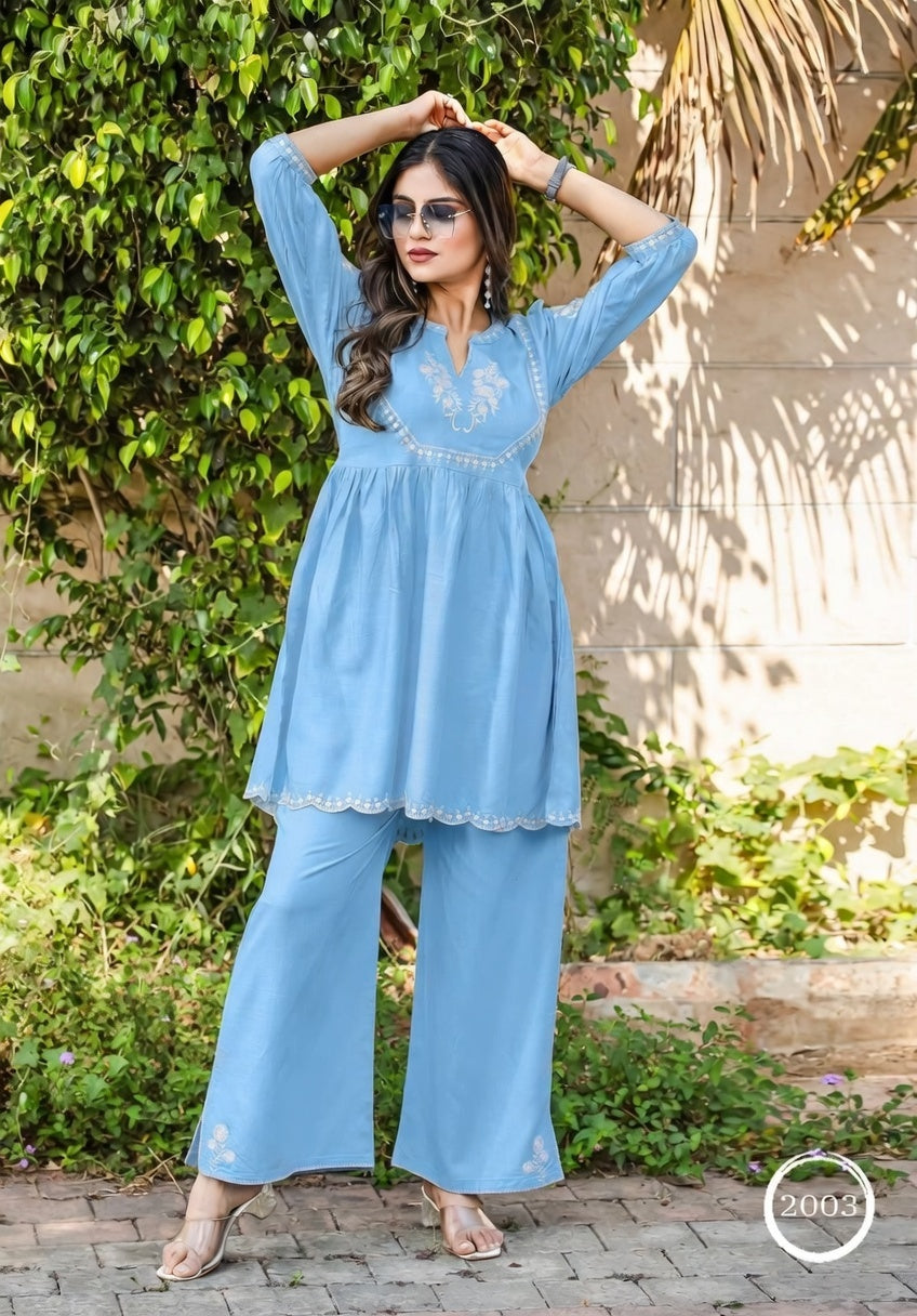 Sky Blue Embroidered Peplum Kurta Set with Palazzo