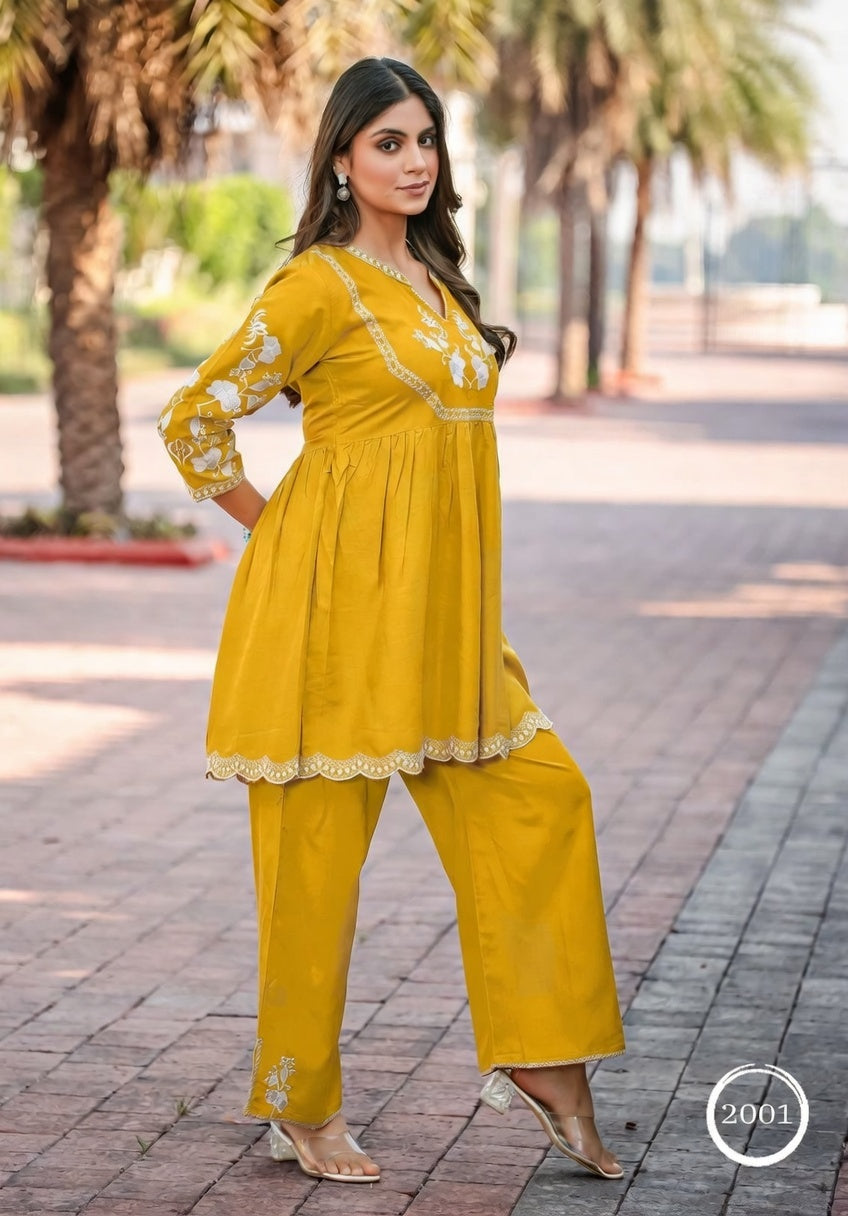 Mustard Yellow Embroidered Peplum Kurta Set with Palazzo