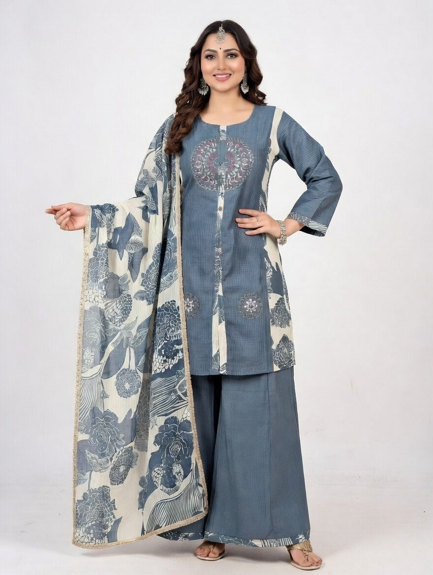 Elegant Blue Printed Kurta Set with Dupatta