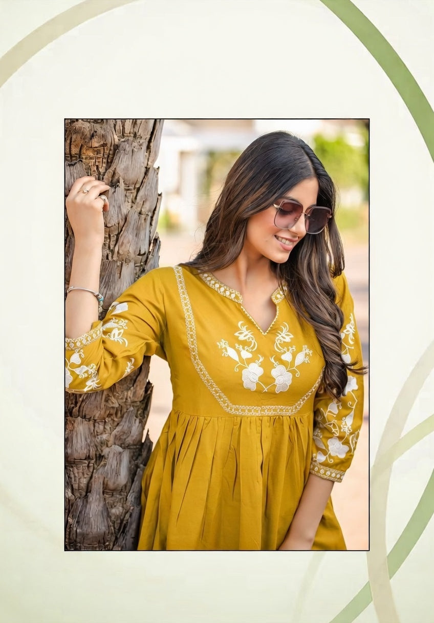 Mustard Yellow Embroidered Peplum Kurta Set with Palazzo