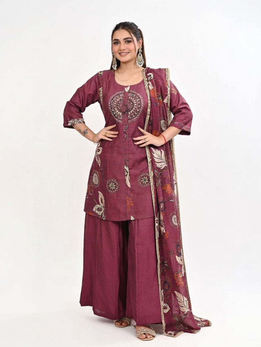 maroon-Embroidery kurta plazzo set