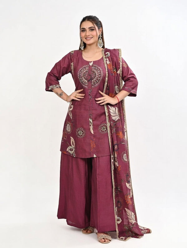maroon-Embroidery kurta plazzo set
