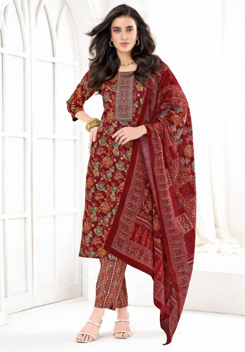 Women Maroon Floral Printed Kurta Set with Printed Trousers & Dupatta | Festive Ethnic Wear