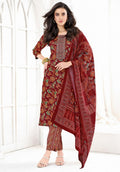 Women Maroon Floral Printed Kurta Set with Printed Trousers & Dupatta | Festive Ethnic Wear