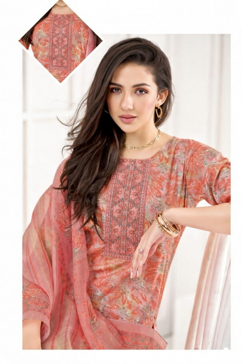 Peach Floral Printed Kurta Set with Dupatta