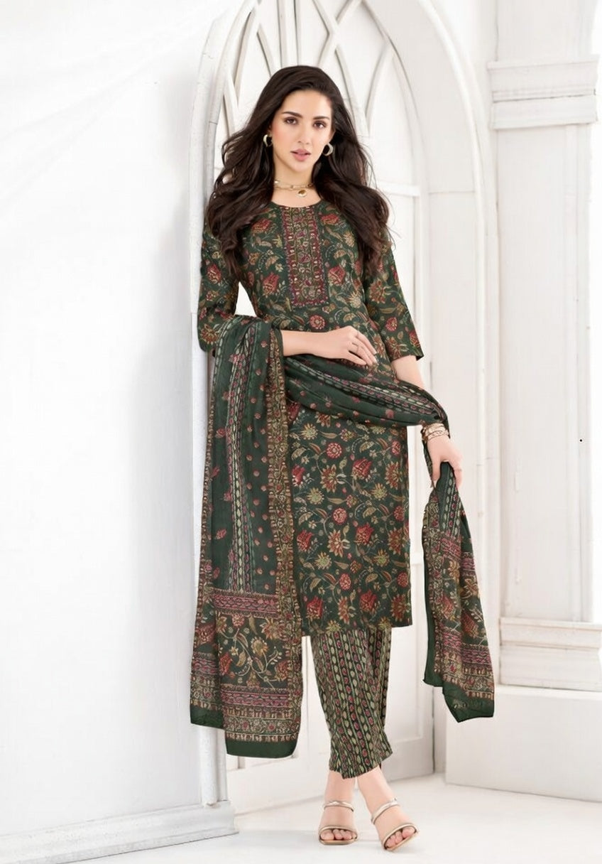 Elegant Forest Green Printed Kurta Set with Dupatta