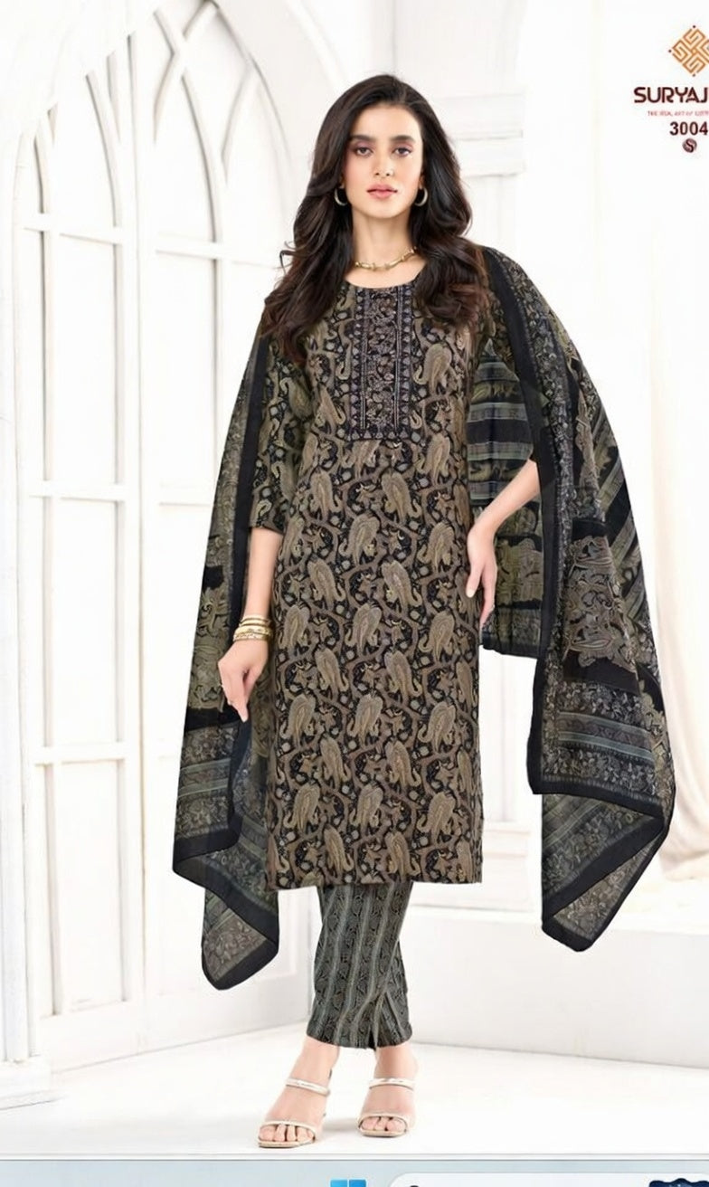 Black & Olive Paisley Printed Kurta Set with Dupatta