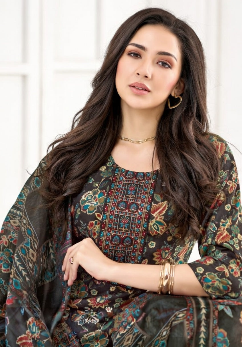Women Black Floral Printed Kurta Set with Straight Pants & Dupatta | Festive Ethnic Wear